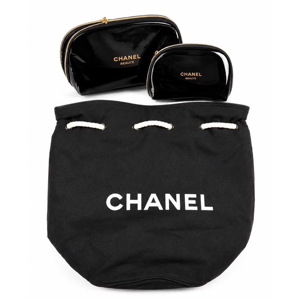 Chanel CC Logo Vintage Canvas Drawstring Bucket Bag Backpack & Two Cosmetic Bags